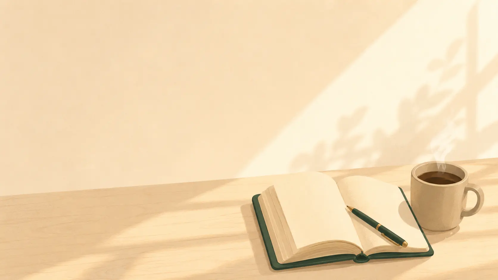 A quiet notebook and mug in warm morning light