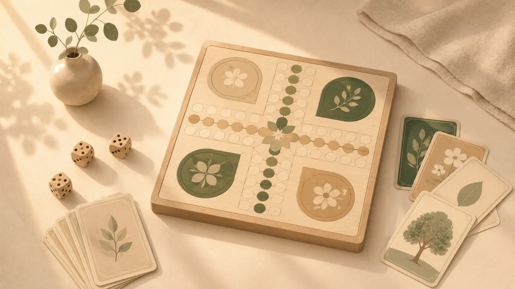 A wooden game board with a few carved pieces, two dice, and a deck of cards under soft window light