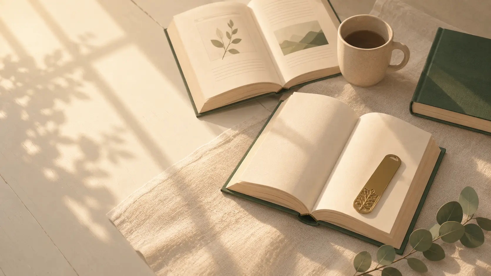 A library scene rendered in warm light: open hardcover books and a brass page-marker on linen
