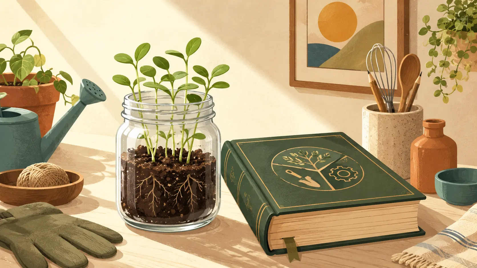 A glass mason jar with young green sprouts, an open almanac, and a brass measuring spoon on a wooden bench