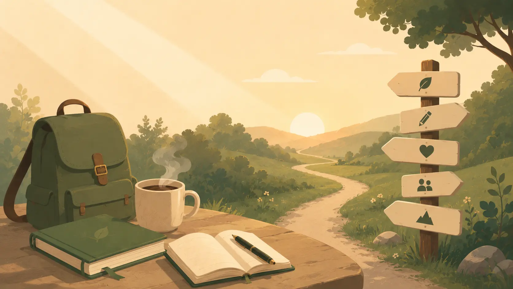 An open notebook with marked tabs and a single forest-green path drawn across the page
