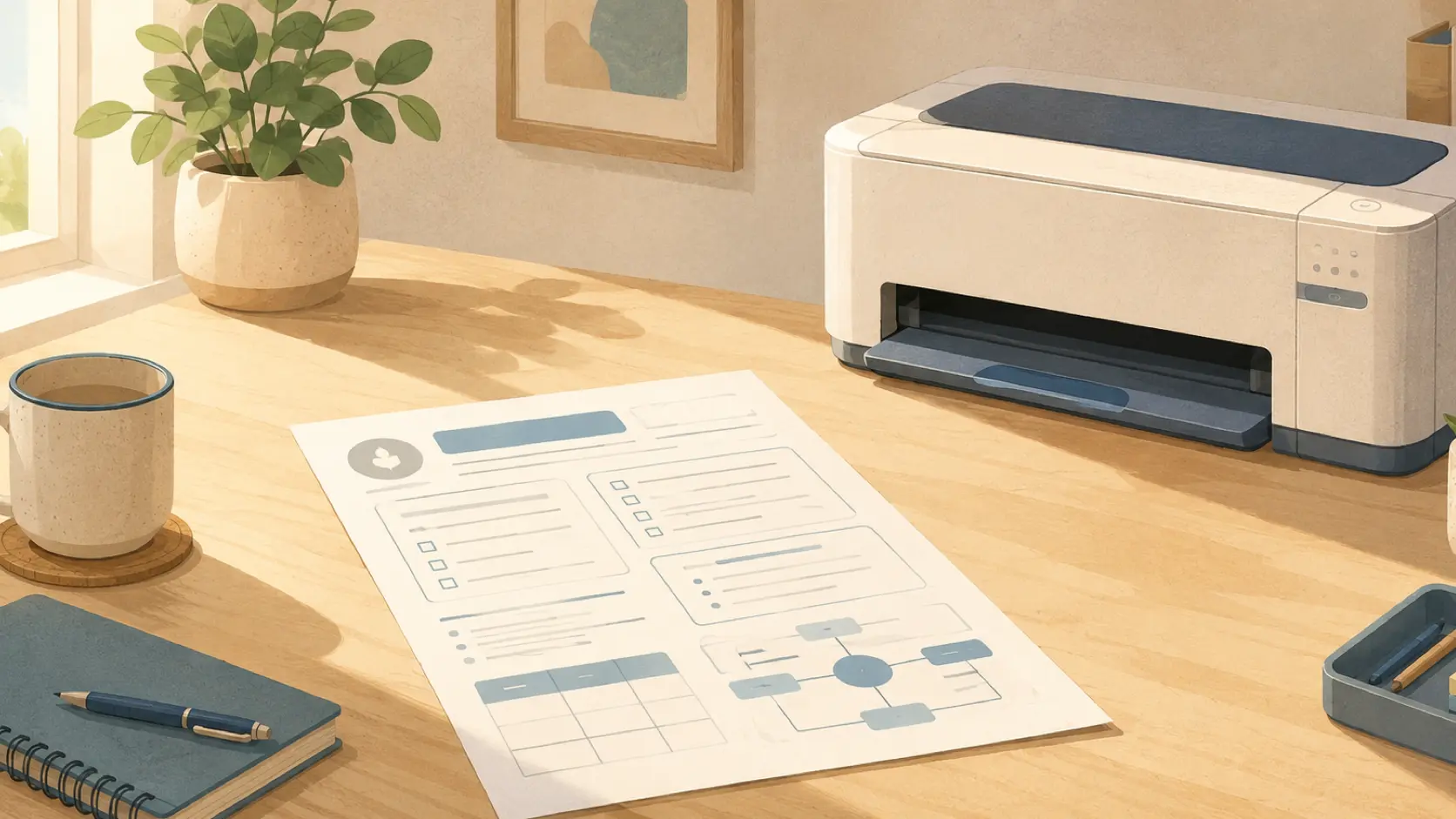 A single freshly-printed worksheet resting on a clean wood desk beside a brass pen and a folded sheet