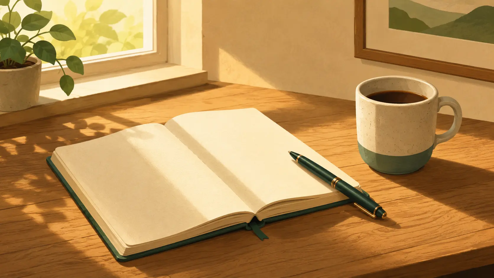 A craftsman's workbench in warm morning light: a leather notebook, a brass pen, a ceramic mug, and a wooden ruler arranged on linen