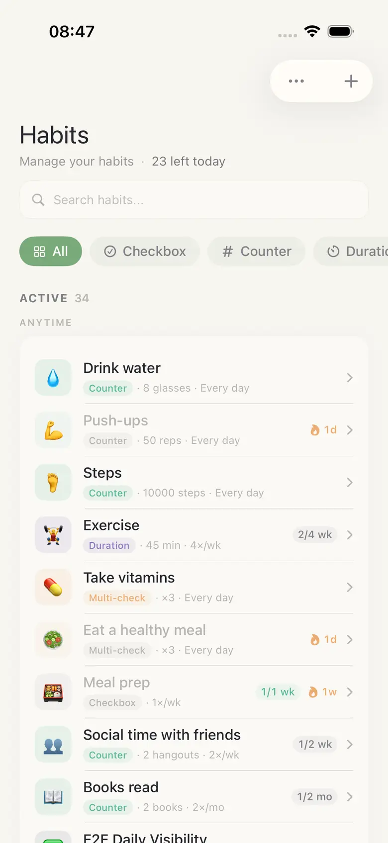 The HourLife Habits screen listing habits tagged Counter, Duration, and Multi-check, with streak markers and a filter row