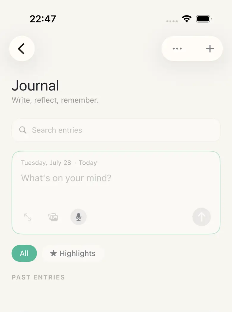 The HourLife Journal with a composer reading What’s on your mind, a search field, and a Highlights filter