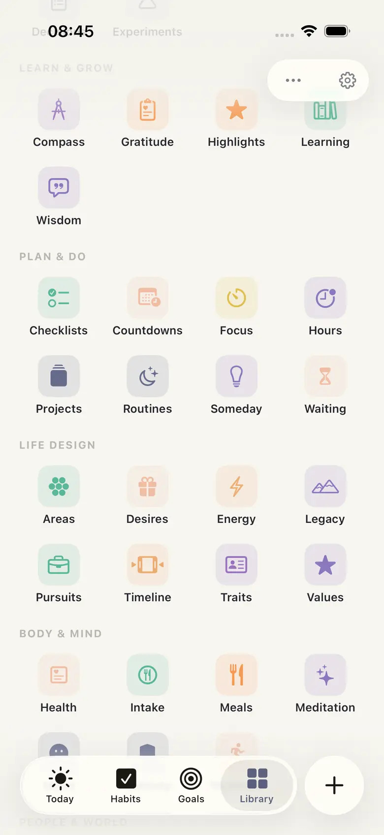 The HourLife Library showing module tiles grouped under Learn and Grow, Plan and Do, Life Design, and Body and Mind
