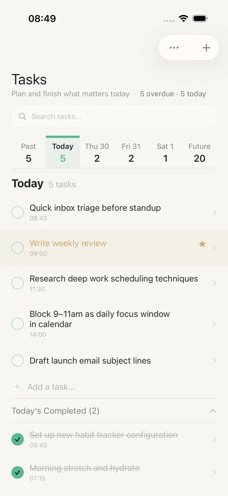 The HourLife Tasks screen with a day strip showing past, today, and the coming days, each with a count