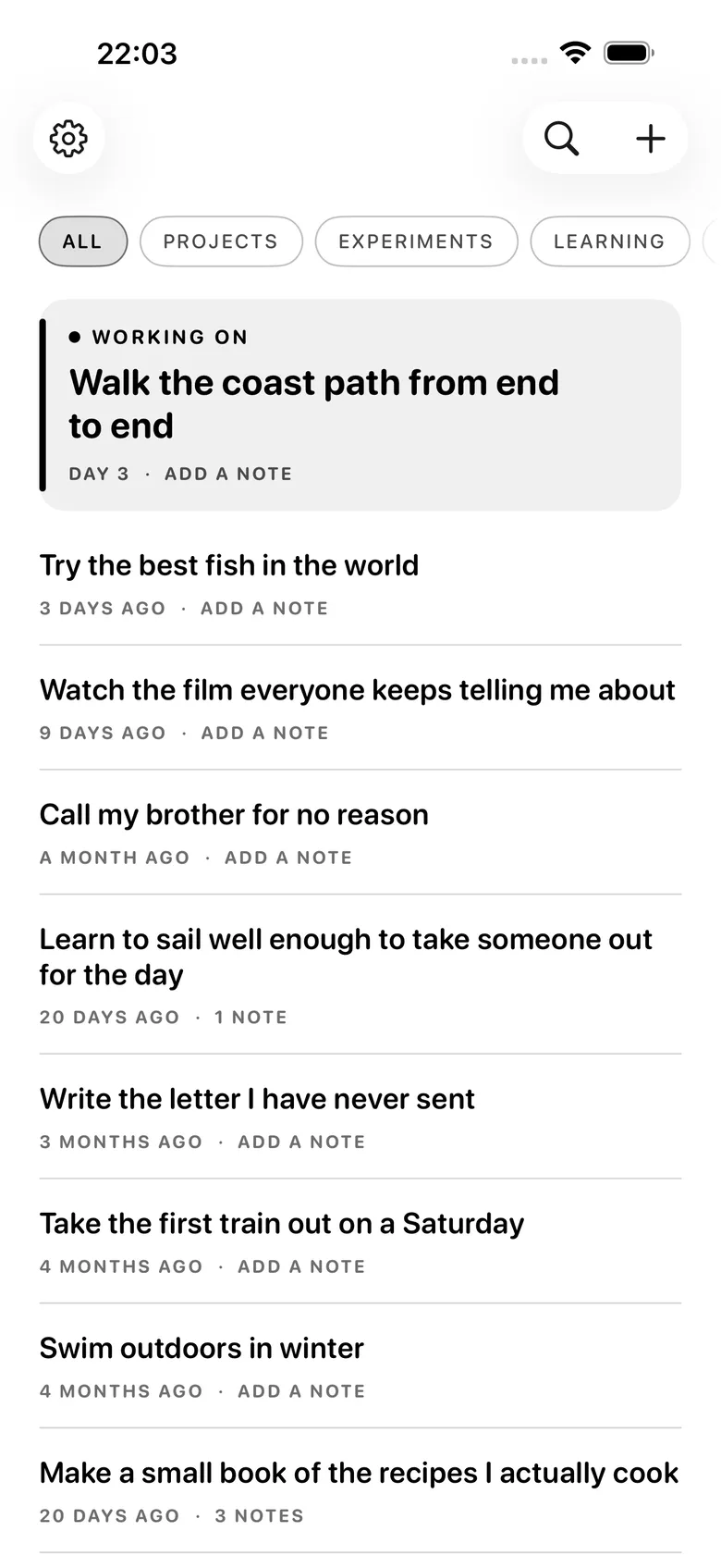 The Idea home screen with a live idea at the top and the reservoir below