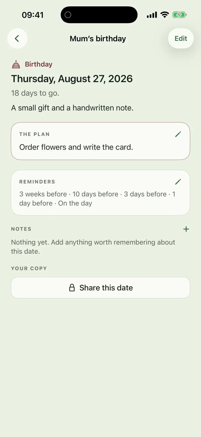 A date in Kept with its plan and staged reminders