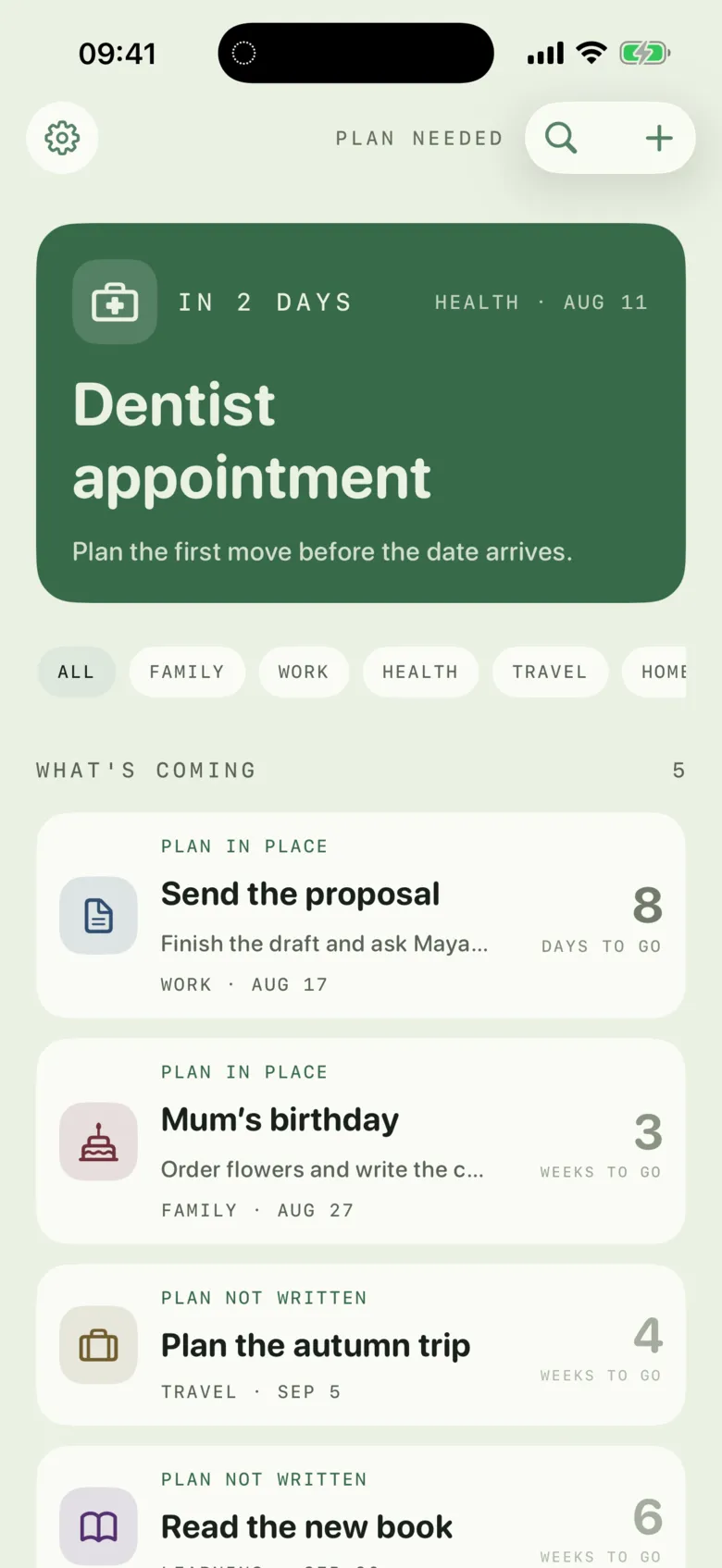 The Kept home screen with upcoming dates and their plan status