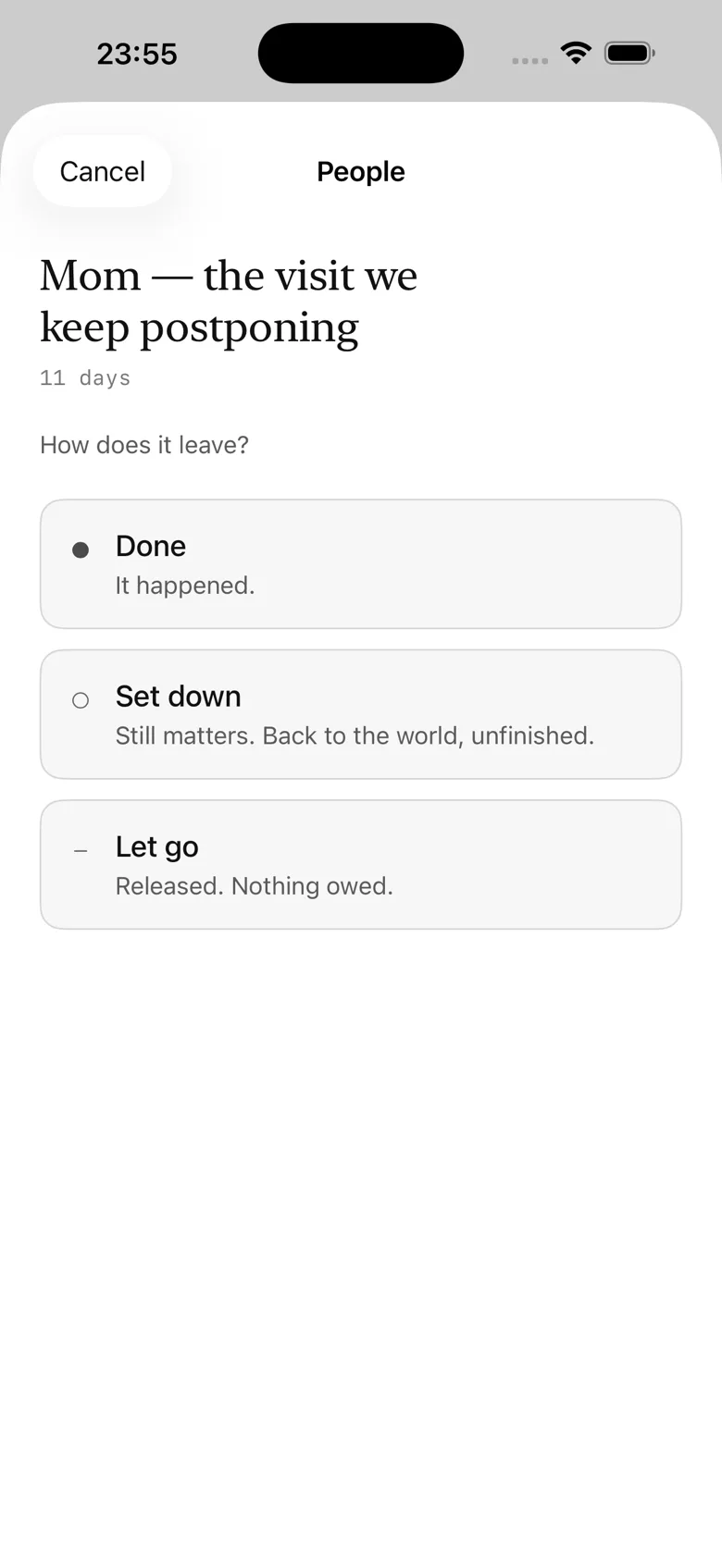 The exit sheet: done, set down, or let go