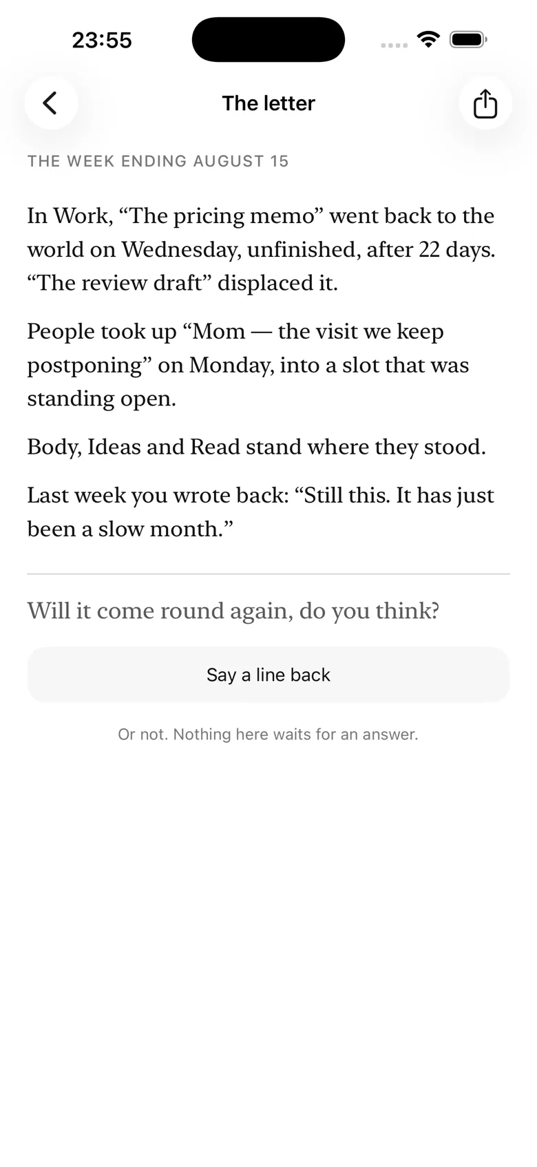 The weekly letter reflecting on what moved across areas and closing with one question