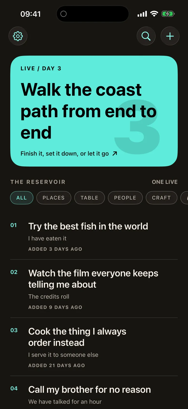 The Reach home screen with a live wish and the reservoir below