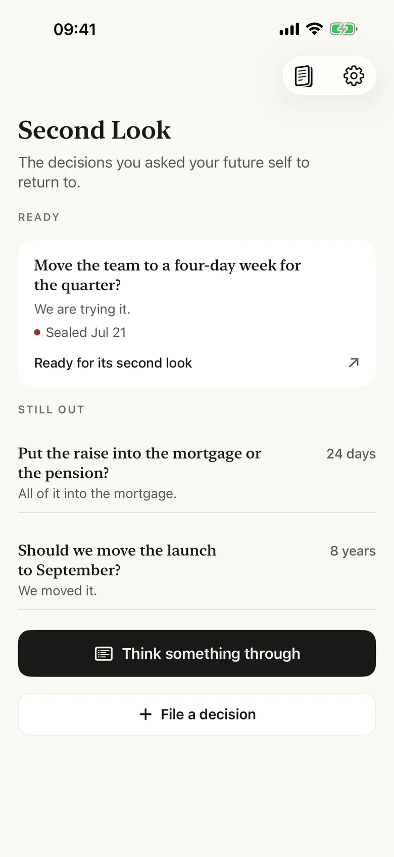 The Second Look home screen: decisions ready for review and still out