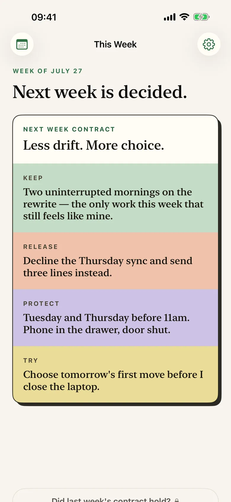 The one-page Next Week Contract with keep, release, protect, and try