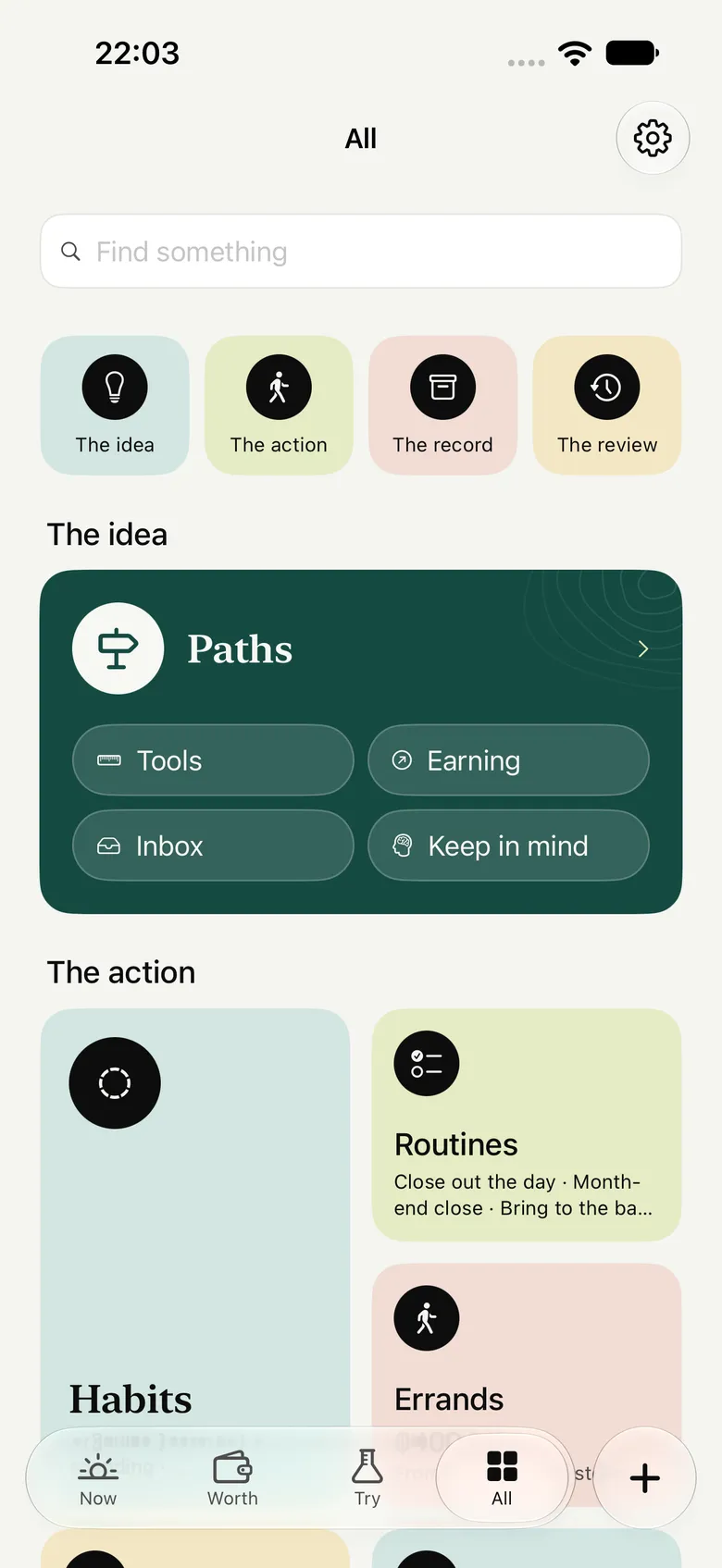 Gain's All page: a search box, then the idea, with Paths, Tools, Earning, Inbox and Keep in mind, and the action, with Habits, Routines and Errands