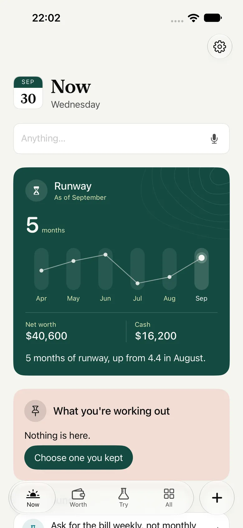 Gain's Now page: the date, a line to write on, the runway card for September, and what you are working out