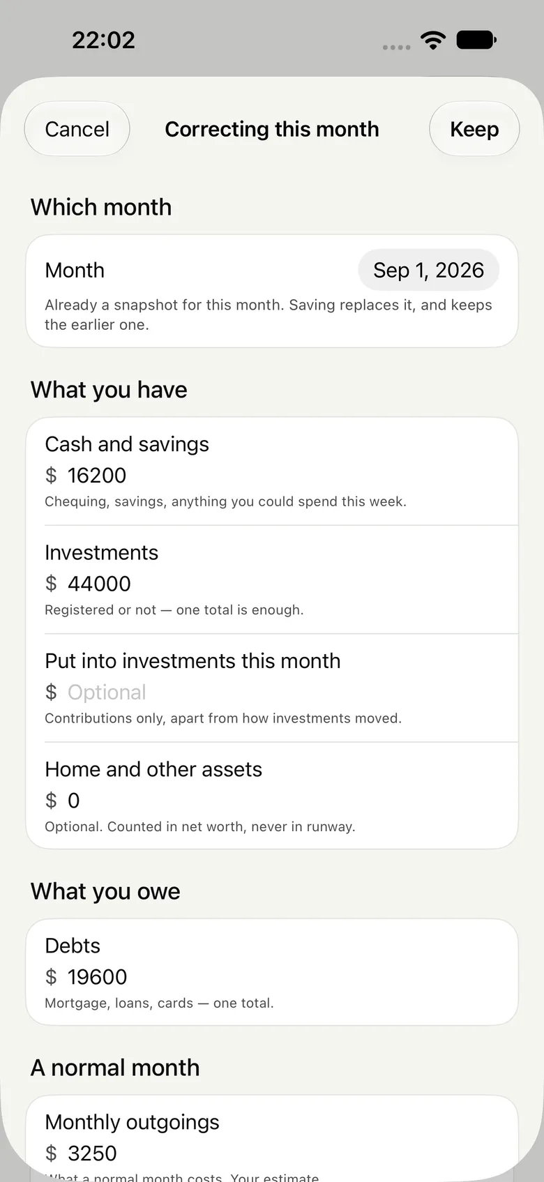 Gain's monthly snapshot sheet: which month, then cash and savings, investments, home and other assets, debts, and a normal month's outgoings, each with a short note on what belongs in it