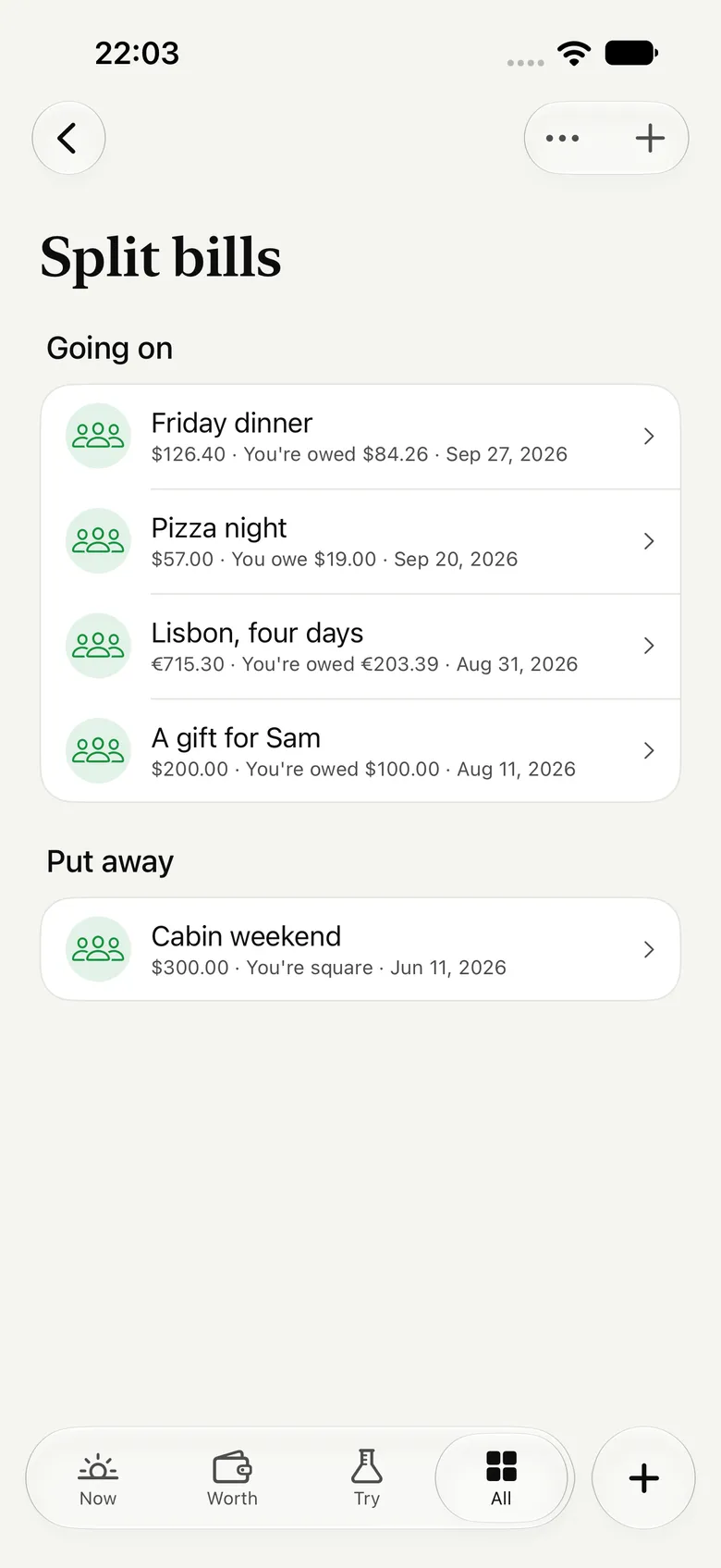 Gain's Split bills: Friday dinner, pizza night, Lisbon for four days and a gift for Sam, each with who owes whom