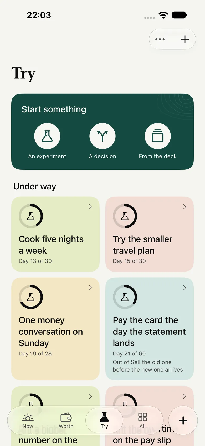 Gain's Try page: start an experiment, a decision, or one from the deck, then what is under way, such as cook five nights a week, day 13 of 30