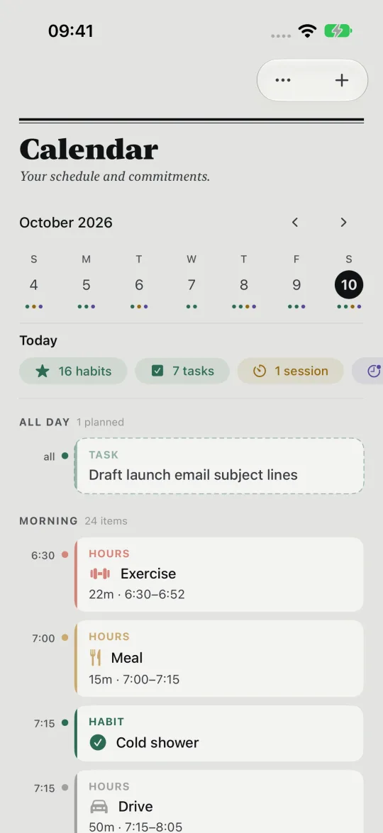 HourLife's Calendar for October 2026: today's tallies of habits, tasks and a focus session, then a morning timeline of exercise, a meal, a cold shower and a drive.