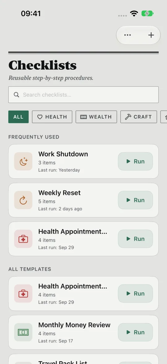 HourLife's Checklists: Work Shutdown, Weekly Reset and a health appointment checklist, each with a Run button.