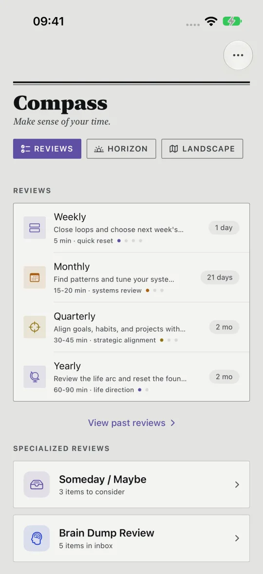 HourLife's Compass: weekly, monthly, quarterly and yearly reviews with when each is next, and reviews for Someday and Brain Dump.