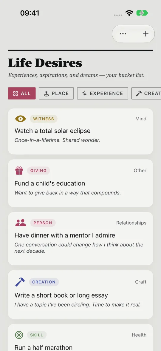 HourLife's Life Desires: watch a total solar eclipse, fund a child's education, have dinner with a mentor, and write a short book.