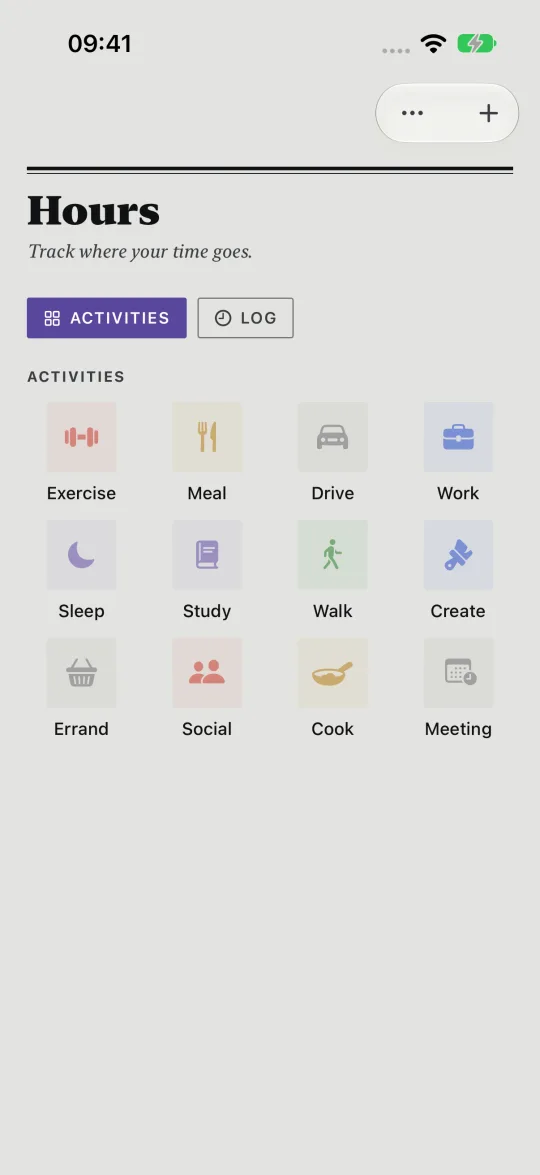 HourLife's Hours: the Activities tab, a grid of twelve tiles from Exercise, Meal, Drive and Work to Errand, Social, Cook and Meeting.