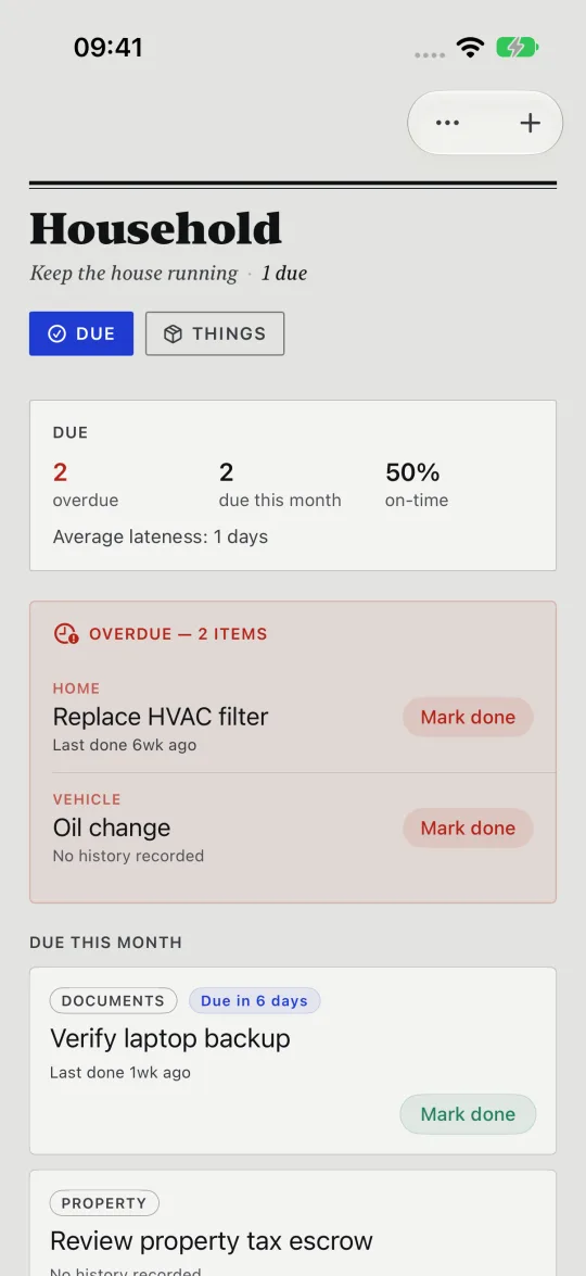 HourLife's Household: two jobs overdue, replace the HVAC filter and an oil change, and a laptop backup due this month.