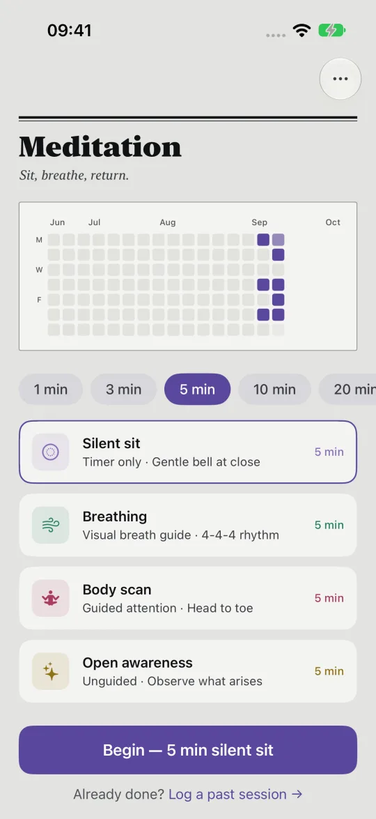 HourLife's Meditation: a heatmap since June, lengths from 1 to 20 minutes, and Silent sit, Breathing, Body scan and Open awareness.