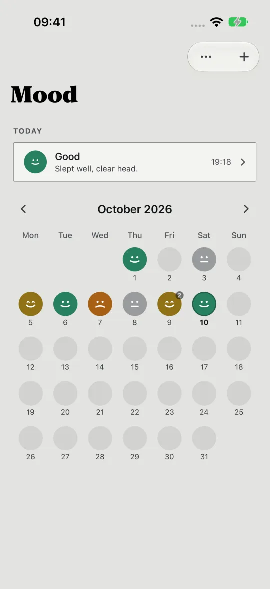 HourLife's Mood: today logged as Good, slept well, clear head, above an October calendar of faces.