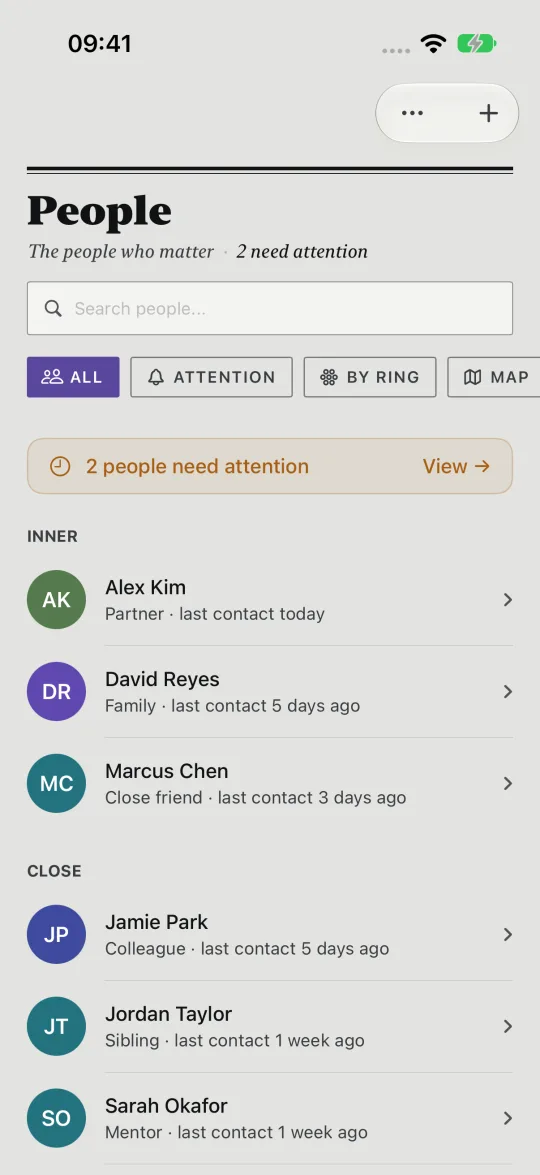 HourLife's People: two people need attention, then the inner and close rings with when you last spoke to each.