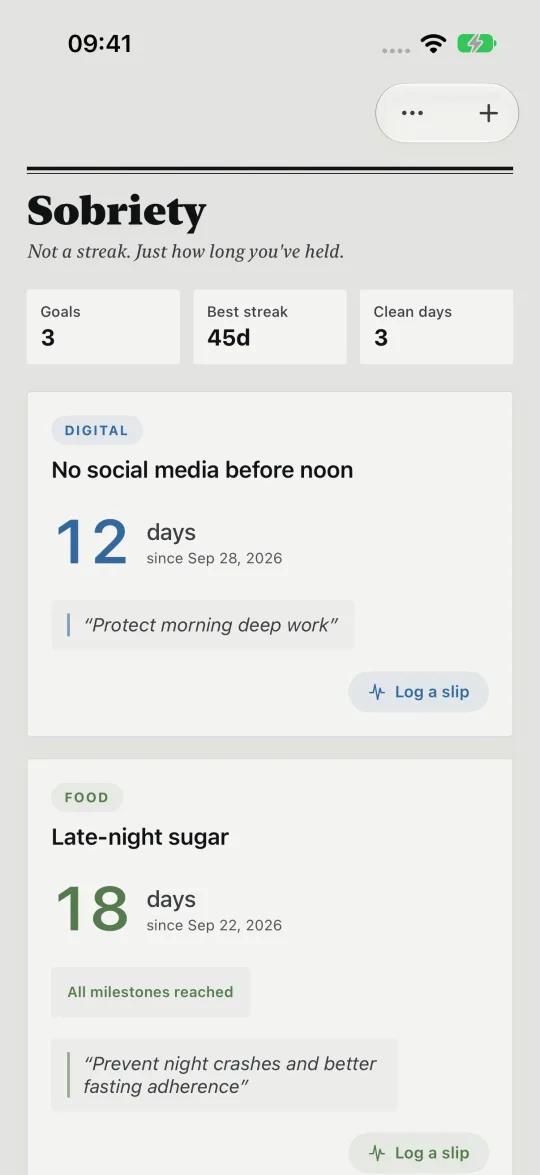HourLife's Sobriety: 12 days without social media before noon and 18 days without late-night sugar, each with the reason written down.