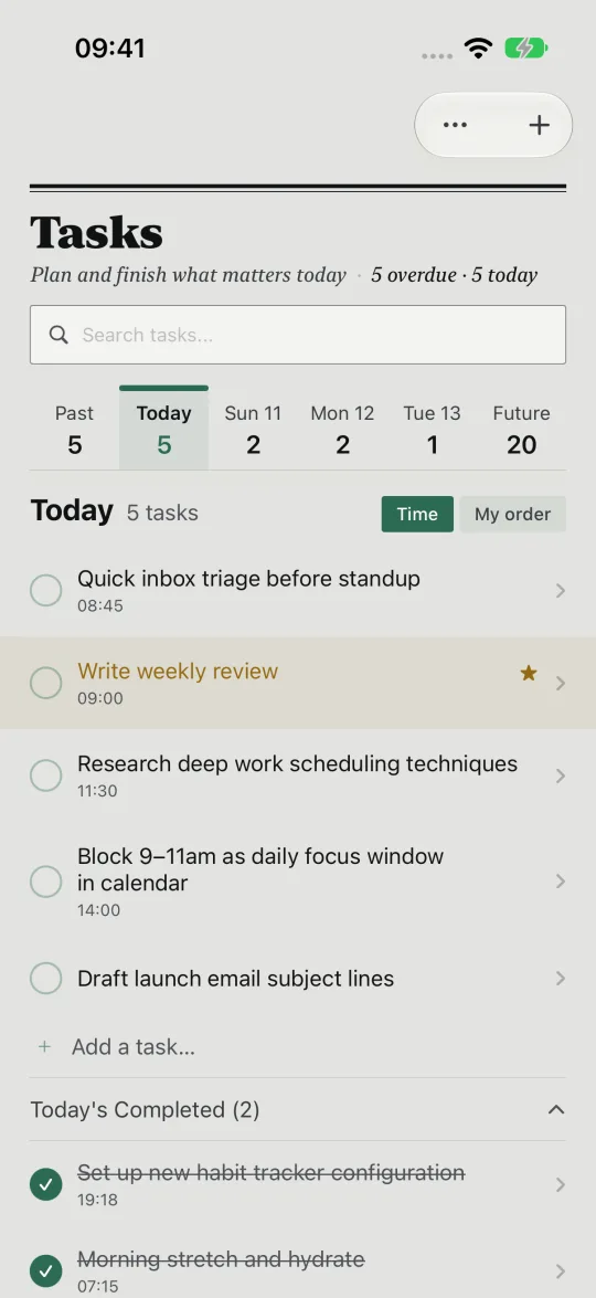 HourLife's Tasks: five due today, a strip of days from Past to Future, and today's list with Write weekly review starred.