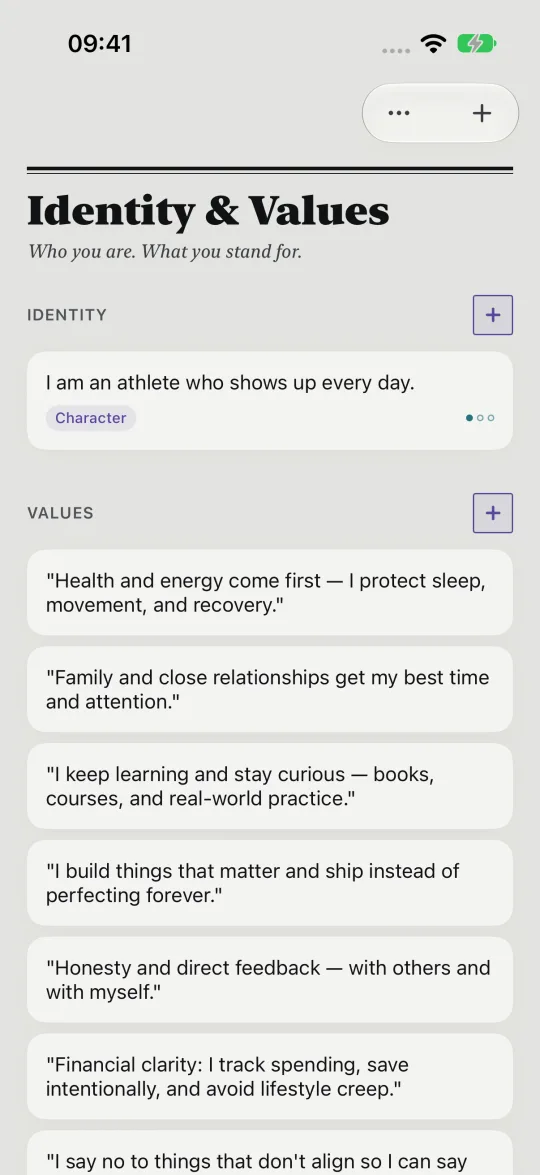 HourLife's Identity & Values: I am an athlete who shows up every day, and values such as protecting sleep and making time for family.