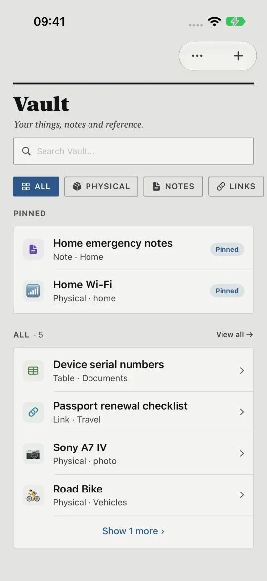 HourLife's Vault: pinned home emergency notes and Wi-Fi, then device serial numbers, a passport checklist, a camera and a bike.