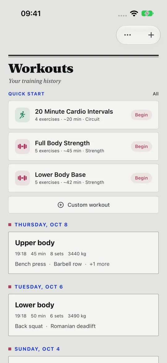 HourLife's Workouts: quick-start templates for cardio intervals and strength, and recent upper and lower body sessions.
