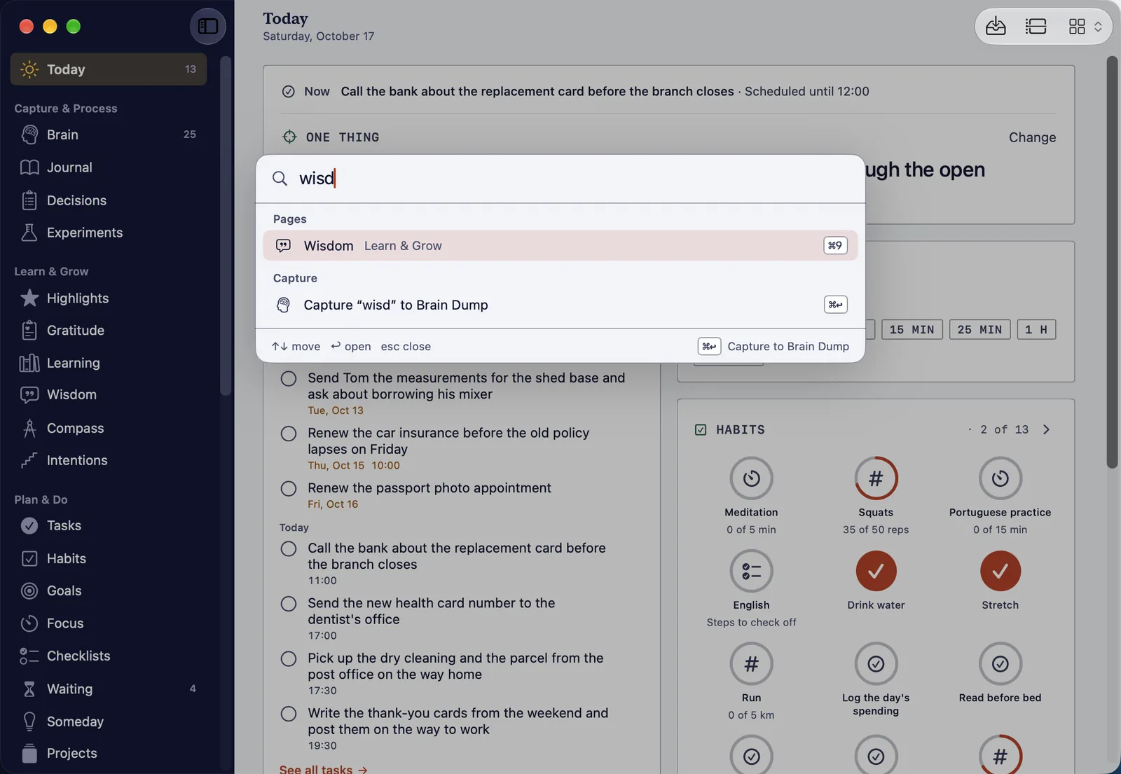 The Command Bar open over Today with “wisd” typed: the Wisdom page, and an offer to capture “wisd” to Brain Dump.