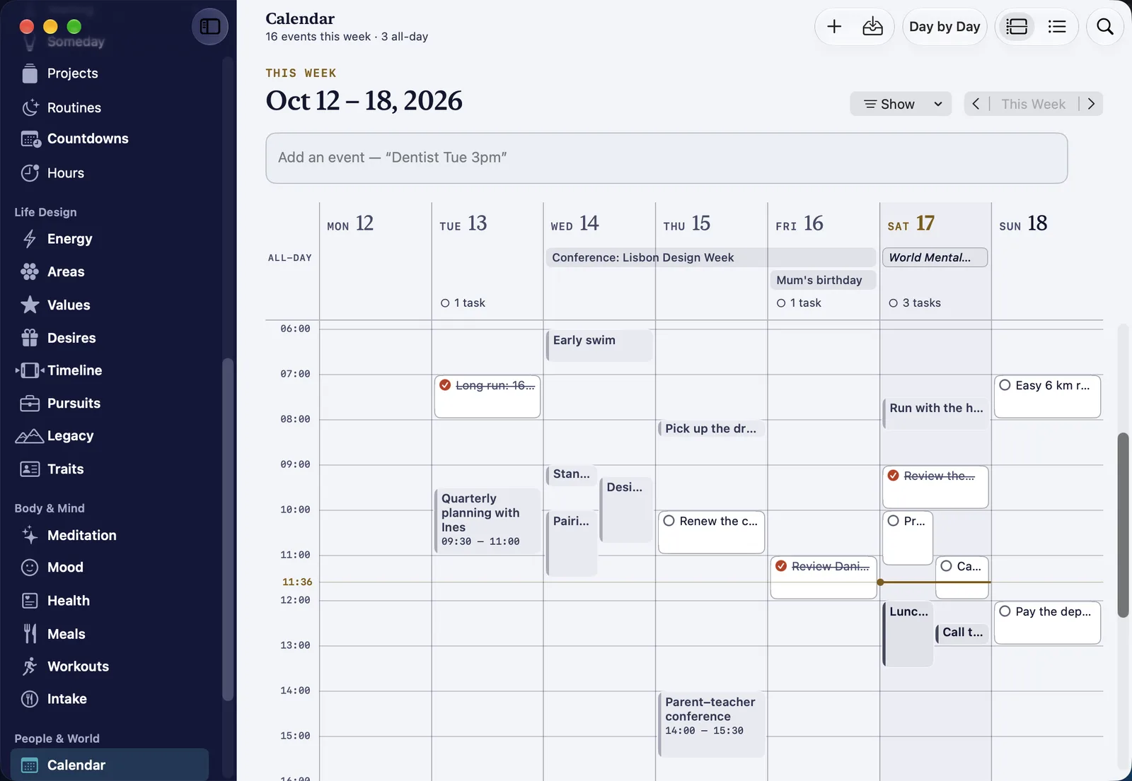 The HourLife for Mac window on the Calendar page: the week hour by hour, with events and timed tasks on one grid.