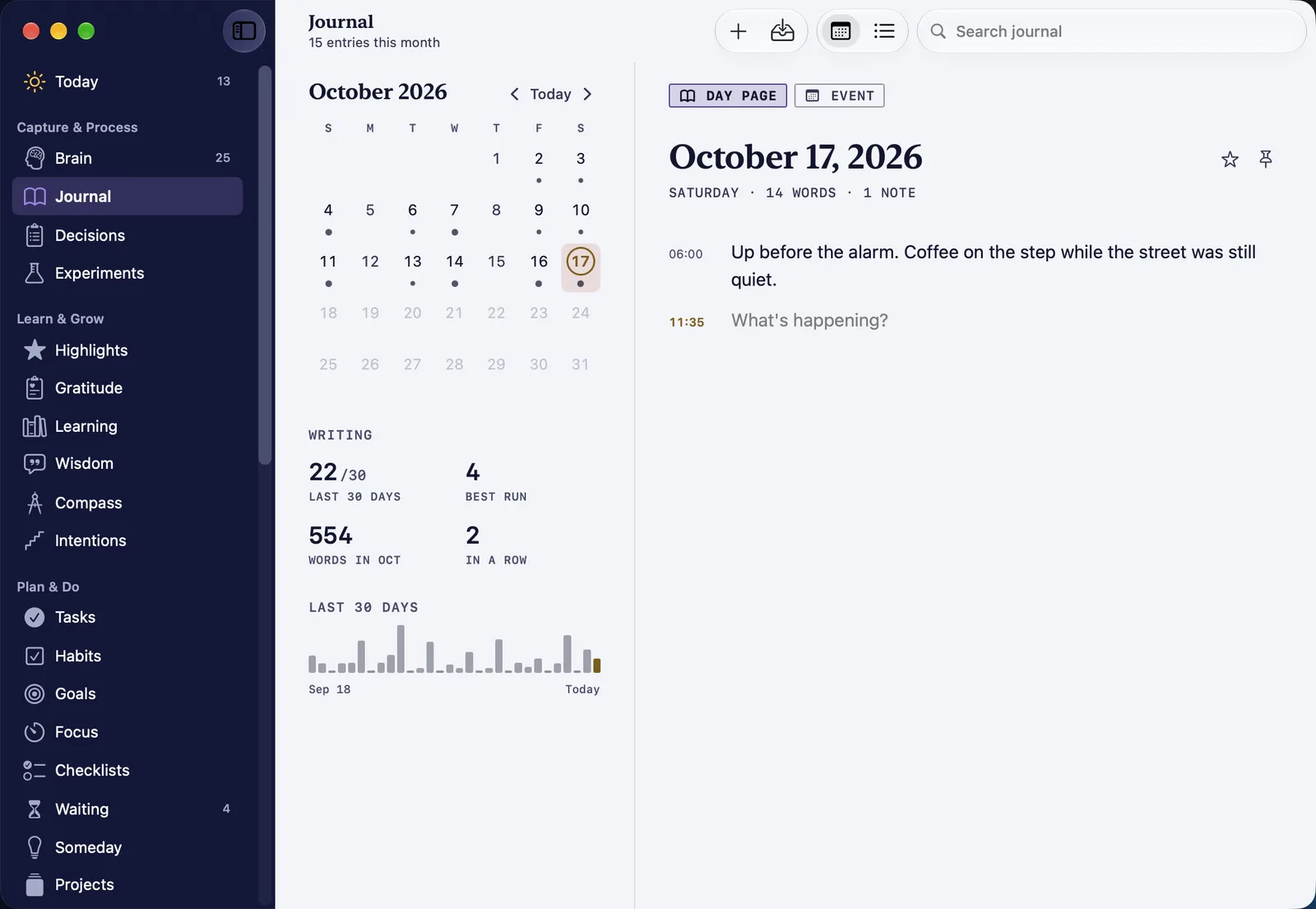 The HourLife for Mac window on the Journal page, with the sidebar of pages on the left.