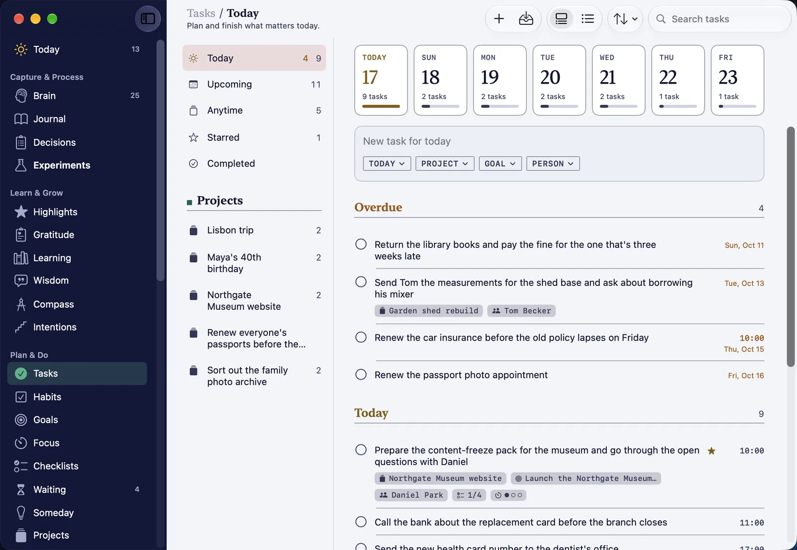 The HourLife for Mac window on the Tasks page, with the sidebar of pages on the left.