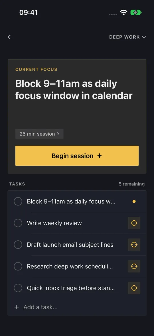 HourLife's Deep Work mode: the current focus, Block 9–11am as daily focus window in calendar, a 25-minute session with a button to begin it, and the five tasks that remain.