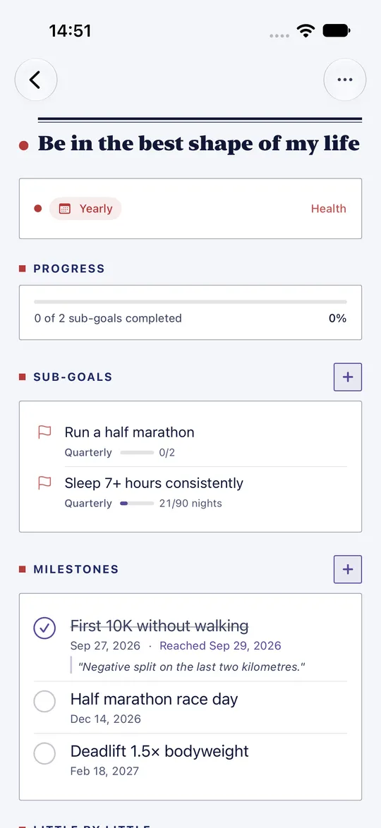 A goal in HourLife, Be in the best shape of my life, with its progress, sub-goals and milestones.