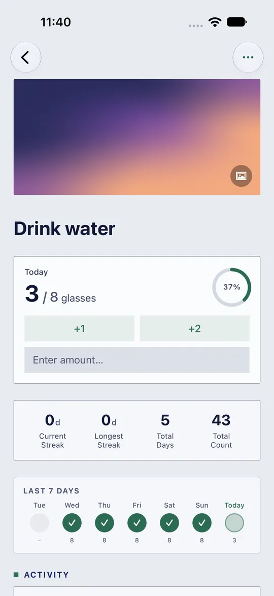 A habit in HourLife, Drink water: three of eight glasses today and the last seven days ticked off.