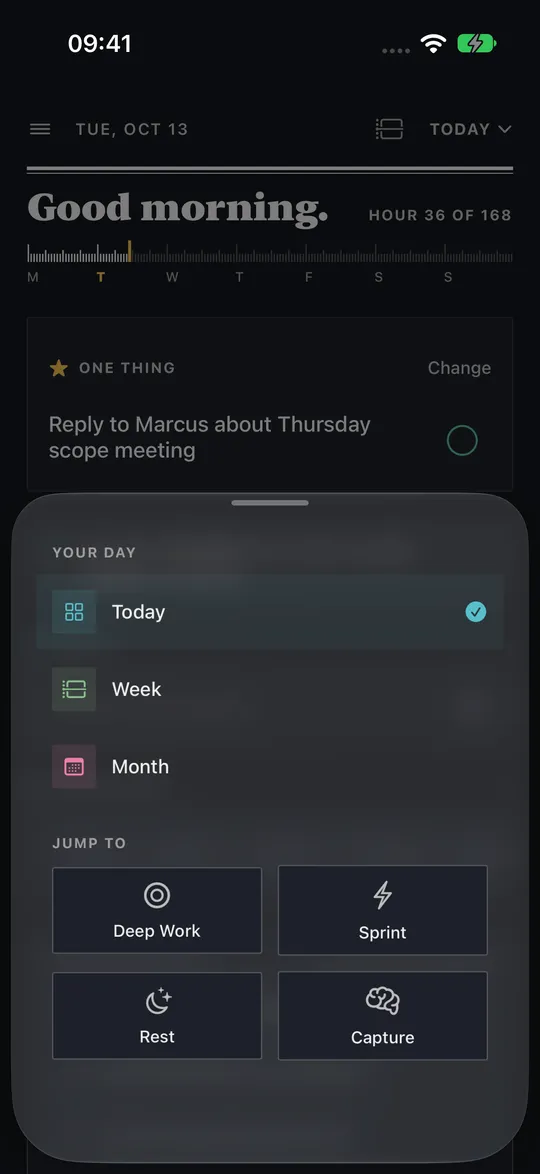 HourLife's mode switcher over Today: Your Day lists Today, Week and Month, and Jump to offers Deep Work, Sprint, Rest and Capture.