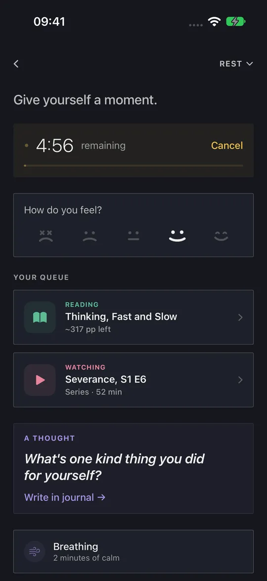 HourLife's Rest mode: Give yourself a moment, 4:56 remaining, how do you feel, and a queue with a book in progress and a series to watch.