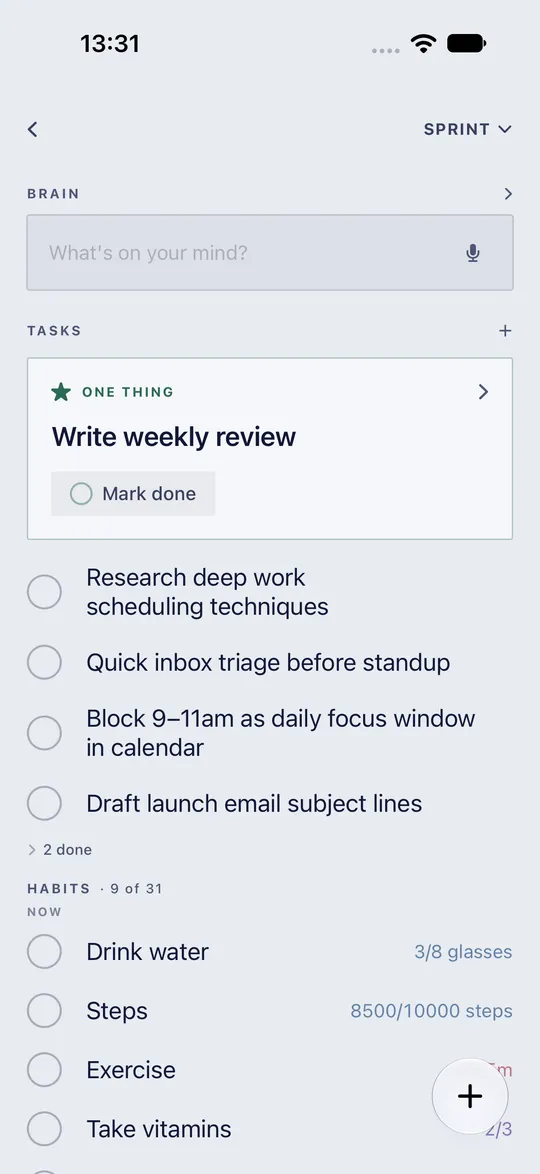 HourLife's Sprint mode: a box for what's on your mind, the one thing for today, Write weekly review, the day's open tasks, and the habits due now.