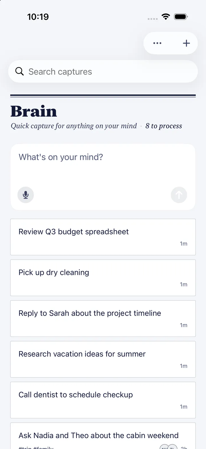 HourLife's Brain: eight thoughts to process under a box with a microphone, from reviewing a budget spreadsheet to calling the dentist.