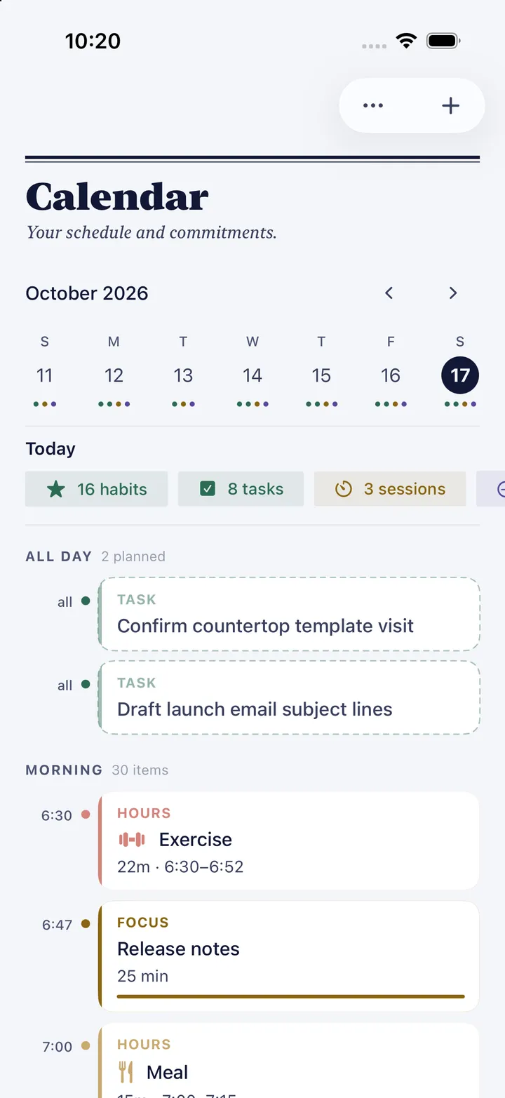 HourLife's Calendar for October 11 to 17: 16 habits, 8 tasks and 3 sessions today, two all-day tasks, and a morning of exercise, a focus session and a meal.